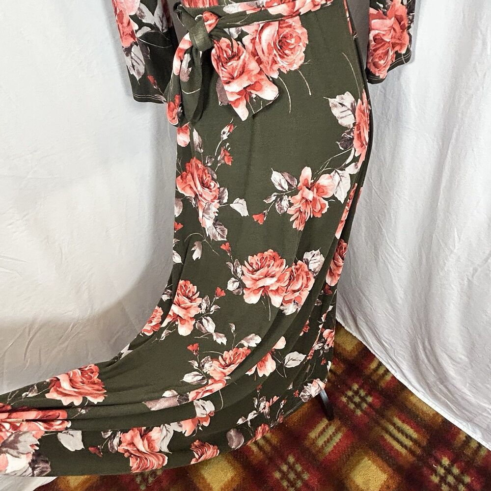 Mother Bee Maternity Green Pink Floral Maxi Dress Soft Stretchy Belted Size Med - Picture 4 of 13